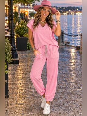 Ladies' Pink V-Neck Pajama Set with Drawstring Jogger Pants